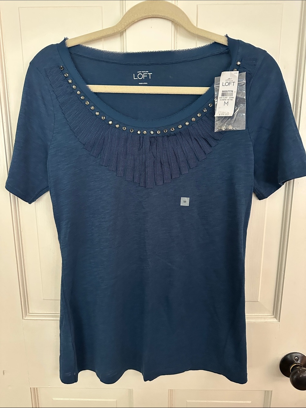 LOFT Women's Teal Blue Short Sleeve Scoop Neck Top with Stud and Pleat Trim